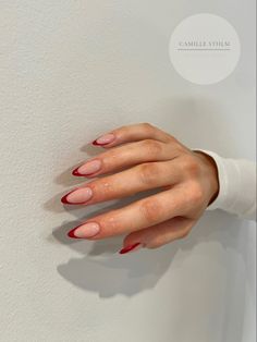 Red almond french Red Nails Design French, French Tip For Almond Nails, French Tips Burgundy, Red Tip Gel Nails, Red Tips Almond Nails, Christmas Red French Tip Nails Almond, Wine French Tip Nails Almond, Almond Shape Red Nails Designs