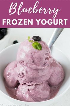 blueberry frozen yogurt in a white bowl