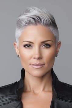 Growing Out A Fade Haircut Women, Two Tone Pixie Cut, Silver Gradient, Classic Pixie, Funky Short Hair, Short Silver Hair, Very Short Haircuts, Silver Hair Color, Short Sassy Hair