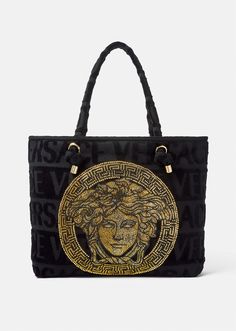 In a terry towelling material, this Versace tote bag features a tonal logo and a crystal-embellished Medusa, ideal for storing beach or pool essentials. Versace Tote Bag, Pool Essentials, Craft Tote Bag, Versace Home, Fabric Tote, Terry Towel, Versace Men, Beach Tote, Shopper Bag