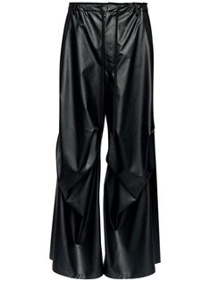 black faux leather belt loops draped design wide leg two side slit pockets two rear patch pockets long length Designer Drapes, City Dress, Mm6 Maison Margiela, Summer Beach Wear, Black Faux Leather, Long Length, Bottoms Pants, Women Collection, Leather Belt