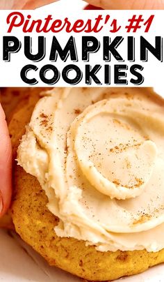 a close up of a cookie with whipped cream on top and the words, pinterest's 1 pumpkin cookies