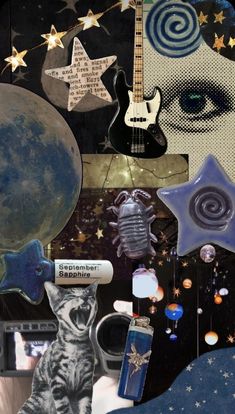 a collage of various items including a cat, guitar and other things in the background