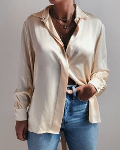 Tk Chic Cream Formal Shirt, Feminine Button-up Blouse With Button Cuffs, Beige Long Sleeve Blouse With Button Closure, Long Sleeve Work Tops With Pearl Buttons, Long Sleeve Tops With Pearl Buttons For Work, Beige Button-up Office Blouse, Beige Button-up Blouse For Office, Classic Cream Button-up Top, Classic Neutral Spring Blouse