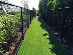 a fenced in area with green grass and bushes next to the fence is lined with black chain link fencing