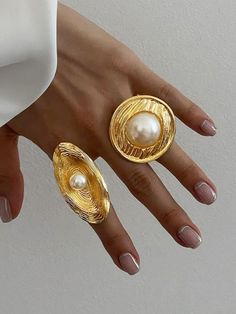 Nails Jewellery, Gold Accent Jewelry, Parisian Jewelry, Open Ring Gold, Dope Jewelry Accessories, Golden Pearl, Dope Jewelry, Stylish Bracelet, Classy Jewelry