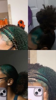 Colors To Dye Your Hair Dark Skin, Blue And Green Skunk Stripe Hair, Teal Natural Hair, 4c Peekaboo Hair, Black And Green Natural Hair, Hair Color Ideas Green, Dyed Natural Hair For Black Women Skunk Stripe, Blue Skunk Stripe Hair, Hair Color Designs