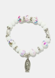 Virgin Mary dangle charm with gorgeous assorted beads Stretchy sturdy band for a comfortable fit Spiritual Polished Beads Bracelets, Spiritual Crystal Bracelet With Colorful Beads, Silver Stretch Bracelet With Large Beads, White Large Beads Spiritual Jewelry, Adjustable Rosary Bracelet With Colorful Beads, Bohemian Charm Bracelet With White Round Beads, White Adjustable Jewelry With Dangling Beads, Adjustable White Jewelry With Dangling Beads, Bohemian White Charm Bracelet With Round Beads