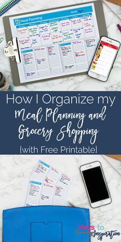 an organized meal planner and grocery shopping list with free printables on it, next to a tablet