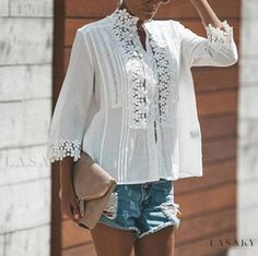 Lasaky - Sensual Lace Floral Blouse with Sleeves Sleeve Stencil, Lace Trim Blouse, Floral Lace Tops, Embellished Blouse, Blouse Sleeveless, Matching Family Outfits, Formal Attire, Blouse Styles, Floral Blouse