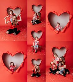 a collage of photos with two children in front of a heart shaped frame on a red background