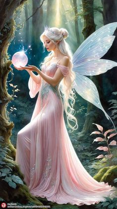 a beautiful fairy holding a crystal ball in the middle of a forest with trees and grass