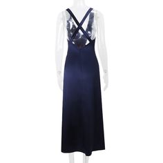 Blue Satin Maxi Dress with Lace Trim : Neckline: V-Neck Decoration: Lace Dresses Length: Mid-Calf Gender: WOMEN Satin V-neck Night Dress, V-neck Slip Dress For Night, Blue V-neck Maxi Dress For Date Night, Blue V-neck Maxi Dress For Night Out, Navy V-neck Midi Dress For Evening, Formal Navy V-neck Midi Dress, Blue V-neck Midi Dress For Dinner, Fitted V-neck Night Dress, Blue Maxi Length V-neck Party Dress