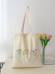 Beige  Collar  Polyester Plants Shoulder Tote Bag Embellished   Women Bags Preppy School Bag, Spring Tote Bag, Spring Tote, Tot Bag