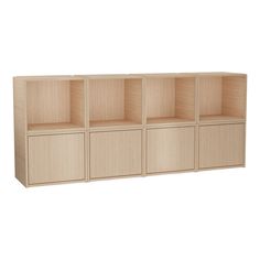 an empty bookcase with four compartments on one side and three doors on the other