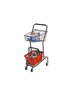 two baskets are stacked on top of each other in a cart, with wheels and handles