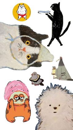 an image of cats and dogs with hats on their heads in different positions, including one cat wearing a pink hat