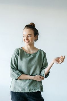 Linen Tee Shirt Women In White Color, Summer Shirt With Sleeves, Linen T Shirt Women * Handmade * 100 % washed and softened linen * With inner pockets * Custom measurements Please send me your bust, waist,hips, and height measurements if you want a custom fit. Summer Washed Tops For Casual Gatherings, Green Cotton Top With Rolled Sleeves, Relaxed Fit Washed Green Top, Spring Green Washed Tops, Spring Linen Tops With Pockets, Casual Washed Linen Shirt, Casual Linen Tops For Gatherings, Green Linen Crew Neck Top, Everyday Long Sleeve Linen Tops