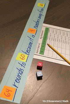 a wooden table topped with two pieces of paper next to a pencil and eraser