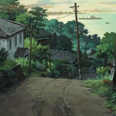 an oil painting of a street with houses and water in the background