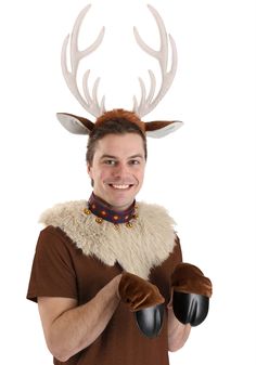 a man wearing a reindeer costume and gloves