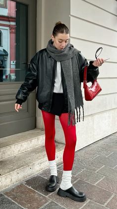 Red tights outfit Red Tights Fall Outfit, Outfit Ideas Tights, Outfit With Colored Tights, Lader Jackets Outfits, Winter Outfit With Tights, Outfit With Red Tights, Outfits With Colorful Tights, Colourful Fall Outfit, Red Tights Outfit Winter