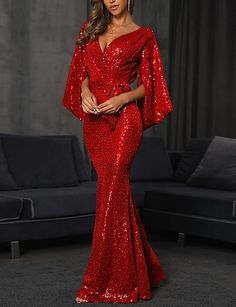 Mermaid / Trumpet Evening Gown Sexy Dress Formal Floor Length Long Sleeve V Neck Sequined with Bow(s) Sequin 2023 Dress Formal Wedding Guest, Red Green Dress, Autumn Wedding Reception, Formal Wedding Guests, Mermaid Evening Gown, Evening Dresses Online, Cheap Evening Dresses, Sequin Evening Dresses, Party Kleidung