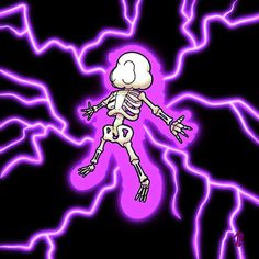 a cartoon skeleton with purple lightning in the background