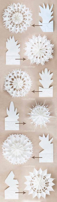 six intricate snowflake patterns for paper bag snowflakes Paper Bag Snowflakes, Bag Snowflakes, 3d Paper Snowflakes, Paper Christmas Decorations, Christmas Paper Crafts, Digital Patterns, Paper Designs, Paper Snowflakes, Paper Stars