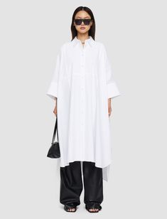 Poplin Dania Dress in White | JOSEPH US Oversized Cotton Shirt Dress With Button Cuffs, Oversized Shirt Dress With Button Cuffs For Daywear, Oversized 3/4 Sleeve Day Dresses, Oversized Long Sleeve Cotton Shirt Dress, Oversized White Cotton Shirt Dress, Cotton Shirt Dress With 3/4 Sleeves For Work, Joseph Fashion, Creative Outfits, Oversized Shirt Dress