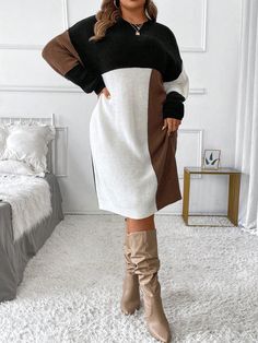 Plus Size Women's Elegant Color Block Spliced Round Neck Long Sleeve Drop Shoulder Autumn Winter Warm Sweater Dress Business Casual Woman Work Wear, Fall Wedding Guest Dress Multicolor Casual  Long Sleeve Knitwear Colorblock  Slight Stretch  Women Plus Clothing, size features are:Bust: ,Length: ,Sleeve Length: White Splicing Dress For Fall, White Spliced Dress For Fall, White Patchwork Knee-length Dress, White Knee-length Patchwork Dress, White Knee-length Dress With Splicing Details, White Knee-length Spliced Dress, White Knee-length Dress With Splicing, White Long Sleeve Dress With Splicing, White Long Sleeve Color Block Dress