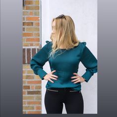 Long Sleeve Blouse Blue Fitted Blouse For Fall, Chic Fitted Blouse For Brunch, Chic Stretch Padded Blouse, Chic Blue Stretch Blouse, Green Stretch Blouse For Work, Blue Stretch Blouse For Office, Chic Stretch Blouse For Brunch, Blue Stretch Tops For Office, Fall Fitted Blouse For Work