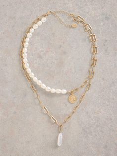 This necklace does the layering for you. It has a smart multi-textured chain. Fresh water pearls. And a lucky penny charm. Braces Girls, Short Wedges, Pearl Chain Necklace, Lucky Penny, Multi Layer Necklace, Sun With Sunglasses, Layer Necklace, Fresh Water Pearls, White Stuff