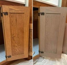 two pictures of the inside of a wooden cabinet with one door open and another closed