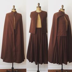 "One of a kind vintage Andre Laug cape, skirt & vest set all 100% Wool w/silk lining. Stunning! In excellent condition! Measurements taken flat: Cape:  46\" length Vest:  15\" across shoulder 19\" across back 21\" length Skirt: 29.5\" length 15.5\" waist" Cape Skirt, Mustard Skirt, Cape Set, Smocked Skirt, Taffeta Skirt, Vintage Cape, Vest Set, Wool Cape, Vintage Vest