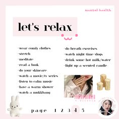 mental health: let's relax | tiktok: n.dicexla The Glow Up Project, Glowing Up, Glow Up Project, The Glow Up, Self Care Bullet Journal, Get My Life Together, Self Confidence Tips, Book Lights, Confidence Tips