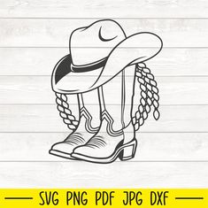 a cowboy hat, boots and lasso on a wooden background with the words svg p