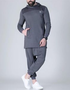 QL AL Longline Tracksuit with Drop Crotch Jogger Sirwal in Grey Harem Pants Men, Drop Crotch Pants, Beard Styles For Men