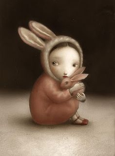 a painting of a bunny holding a fish in it's paws and wearing a rabbit costume