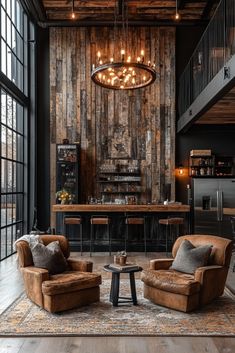 a living room filled with furniture and a wooden wall