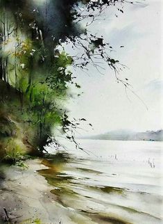 watercolor painting of trees on the beach