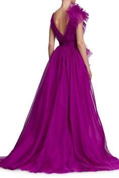 Extravagance Purple Ruffled Evening Dress V-neck Ruffled Maxi Dress For Gala, V-neck Ruffled Maxi Dress For Prom, V-neck Ruffled Gown For Prom, Formal Organza Evening Dress With Ruffles, Summer Organza Gown With Ruffles, Chic Floor-length Dress With Voluminous Skirt, Elegant Floor-length Maxi Dress With Voluminous Skirt, Sheer Organza Floor-length Maxi Dress, Formal Tulle Gown With Ruffles