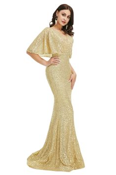 Sequins Mermaid Cape Sleeves V Neck Prom Dresses Prom Dresses Gold, Dress Display, Prom Dresses With Pockets, V Neck Prom Dresses, Floor Length Prom Dresses, Corset Dress Prom, Lace Prom Dress, Sequin Prom Dresses, Dresses Royal