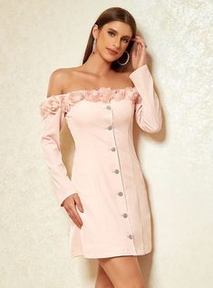 Go for a look thatboth glamorous and genteel with this chic off-the-shoulder dress. The blush pink fabric is as smooth as it is soft, presenting a canvas for the beautiful rosette details that adorn the neckline. The slim fit is designed to contour gracefully, and the sparkling buttons add a dash of luxury to the simple elegance of the dress. This piece is the epitome of sophistication with a hint of youthfulness, perfect for events where making a stylish impression is key. Long Sleeve Wedding Guest Dresses, Graduation Dresses, Club Dress, Dress Bra, Long Sleeve Wedding, Maxi Dress Formal, Loungewear Sets, Shoulder Design, Formal Evening Dresses