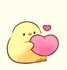 a cute little chick holding a pink heart