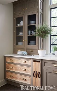 a kitchen with wooden cabinets and white counter tops, along with a potted plant