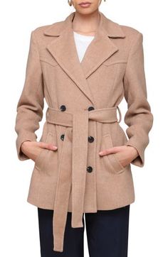 A warming, wool-enriched coat that's the perfect top layer features a sophisticated double-breasted silhouette and a matching belt cinching the waist. Double-breasted button closure Notched lapels Front welt pockets Removable tie belt Back vent Lined 64% polyester, 25% wool, 7% acrylic, 3% nylon Dry clean Imported Mid Length Coat, Faux Fur Cropped Jacket, Faux Fur Jacket, Crop Jacket, Tie Belt, Fur Jacket, Welt Pockets, Mid Length, Double Breasted