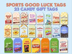 candy gift tags with the words, sports good luck tags 23 candy gift tags in different colors