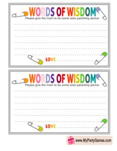 two printable word cards with the words words of wisdom and love in different colors