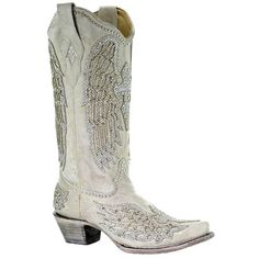 Just when we thought the Wing and Cross design by Corral Boots couldn't get any sweeter... they add Glitter! These bone colored leather boots are a must have for any western boot collector. With shiny silver studs and tons of sparkle, you'll want to wear them during every Season with your favorite denim or fun sundress. And of course, we see the Corral Glitter Cross and Wings White cowgirl boots walking down the aisle for any country wedding. Say I do to these boots! Size: 6.  Gender: female.  A Sparkle Boots, Botas Western, Boots Country, Wing Boots, Wedding Boots, Corral Boots, Boot Brands, Round Toe Heels, Cowgirl Boots